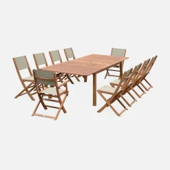 Ausziehbarer Gartentisch aus Holz, 10 Stühle
