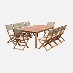 Ausziehbarer Gartentisch aus Holz, 10 Stühle