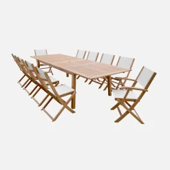 Ausziehbarer Gartentisch aus Holz, 10 Stühle