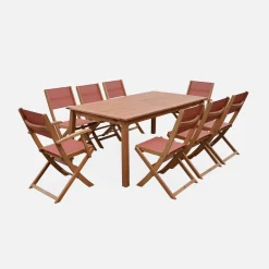 Ausziehbarer Gartentisch aus Holz, 8 Stühle