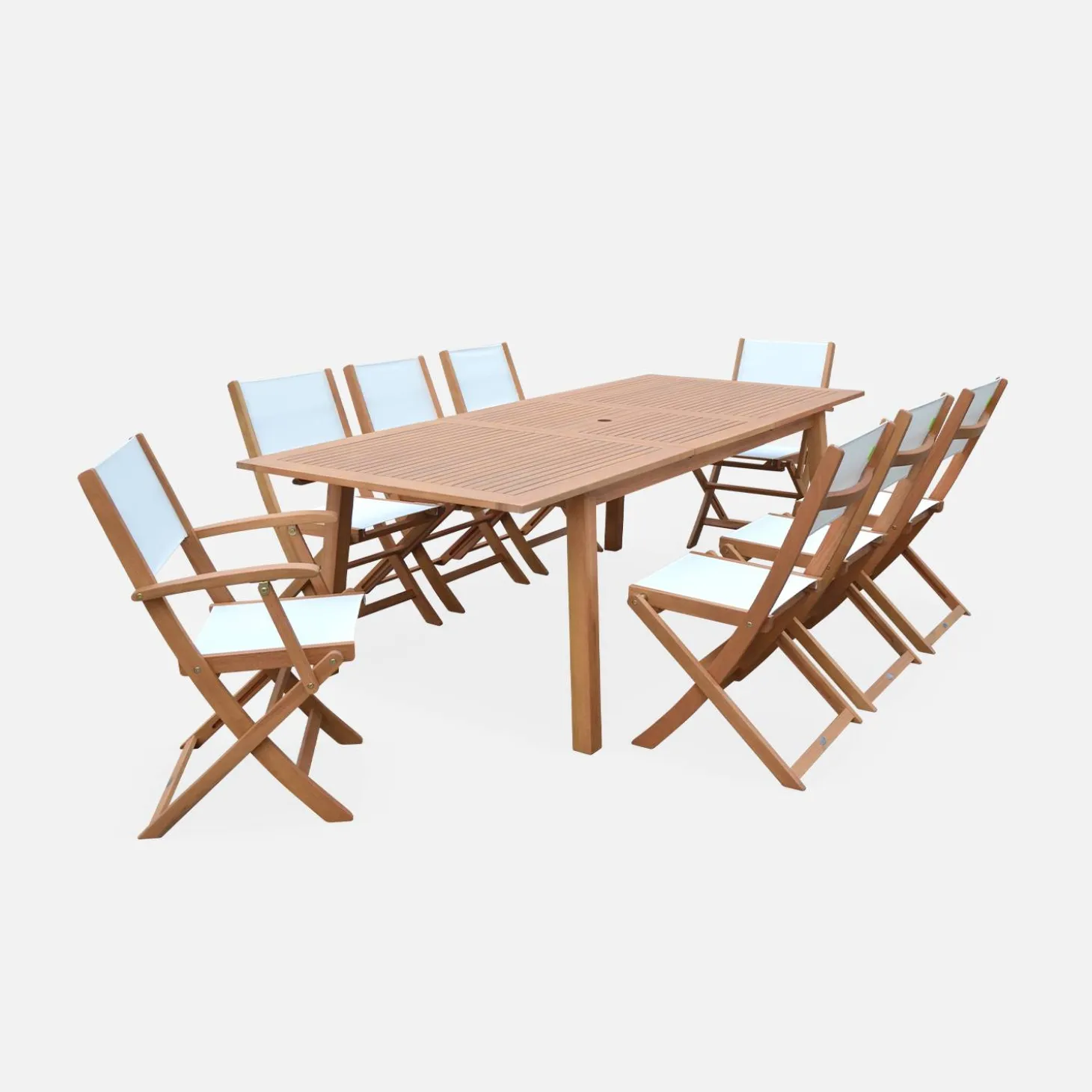Ausziehbarer Gartentisch aus Holz, 8 Stühle