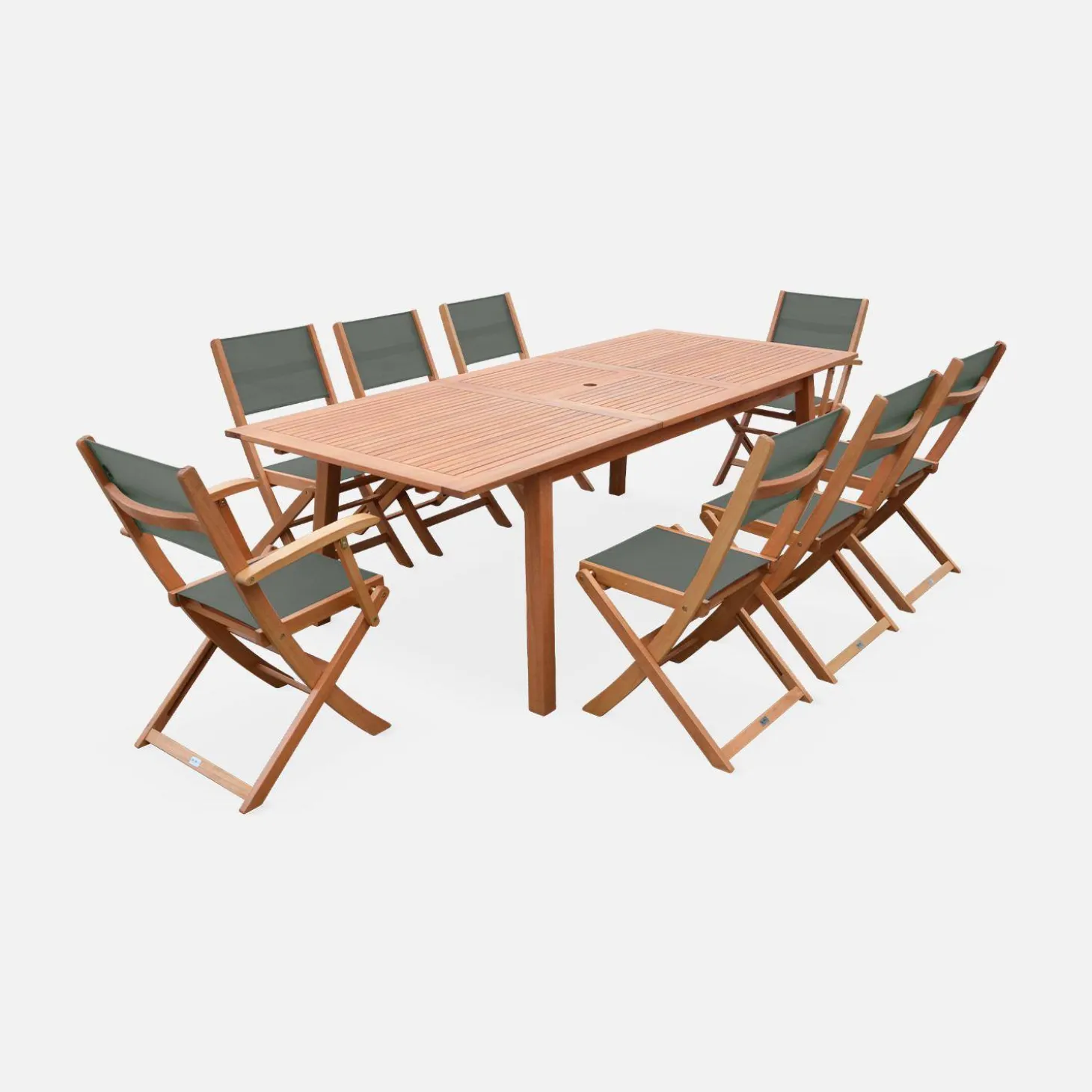 Ausziehbarer Gartentisch aus Holz, 8 Stühle