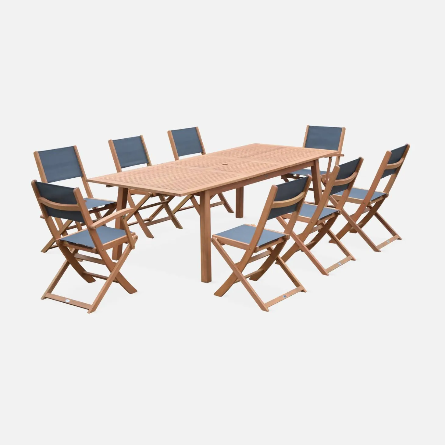 Ausziehbarer Gartentisch aus Holz, 8 Stühle