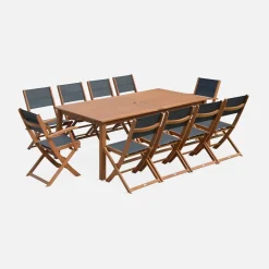 Ausziehbarer Gartentisch aus Holz, 10 Stühle