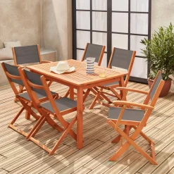 Ausziehbarer Gartentisch aus Holz , 6 Stühle