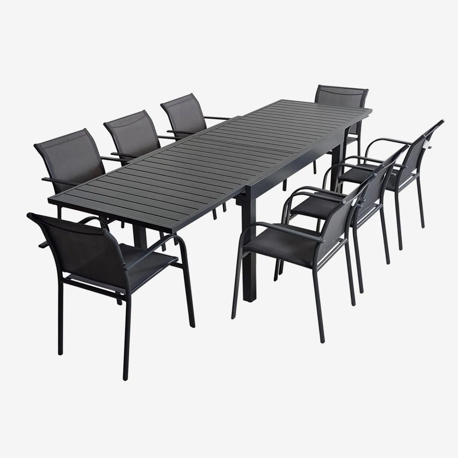 Ausziehbarer Gartentisch 135/270 cm, 8 Sessel, Aluminium und Textilene