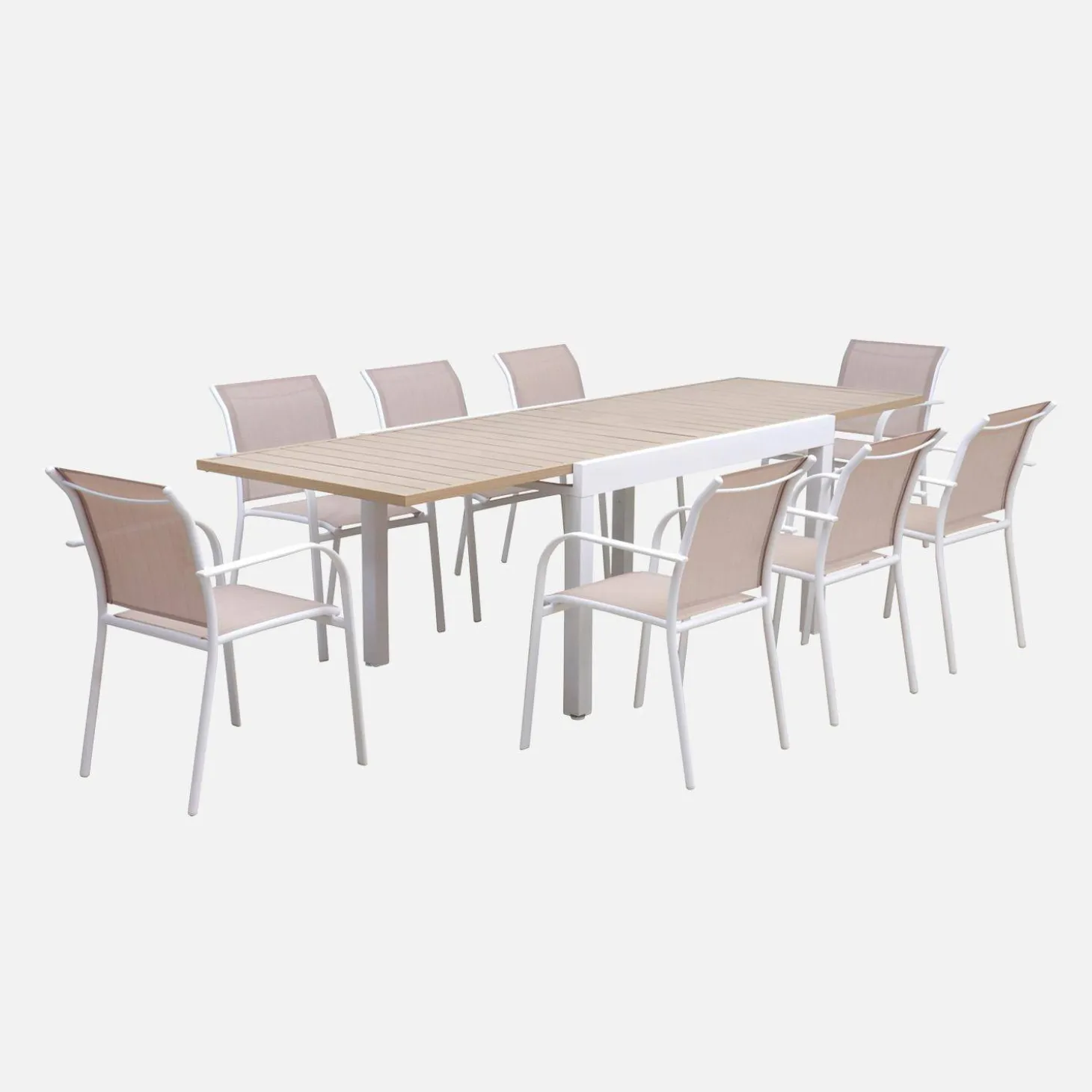 Ausziehbarer Gartentisch 135/270 cm, 8 Sessel, Aluminium und Textilene