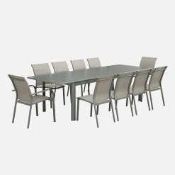 Ausziehbarer Gartentisch, 8 Stühle, 2 Sessel aus Aluminium und Textilene