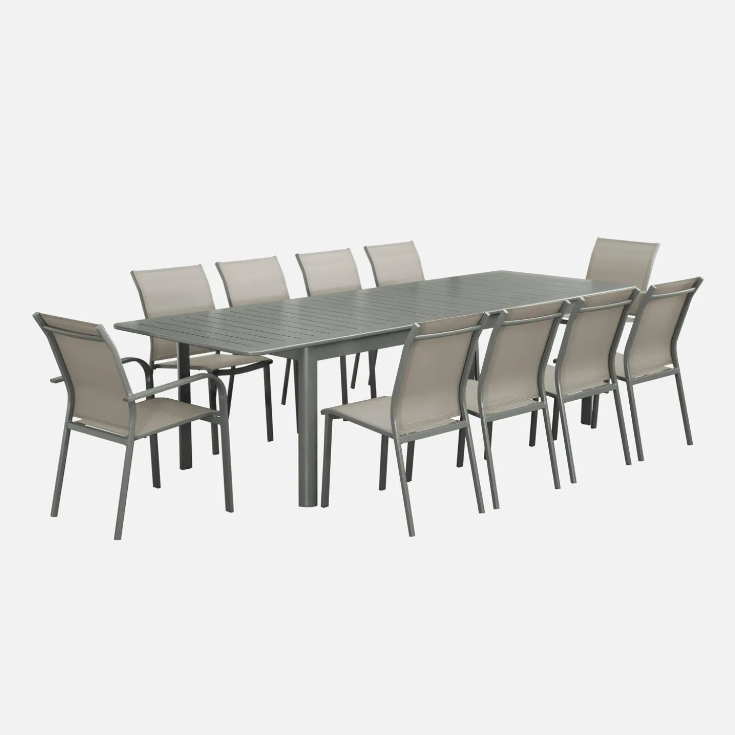 Ausziehbarer Gartentisch, 8 Stühle, 2 Sessel aus Aluminium und Textilene