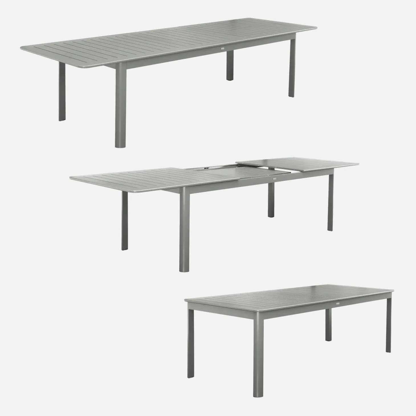 Ausziehbarer Gartentisch, 8 Stühle, 2 Sessel aus Aluminium und Textilene