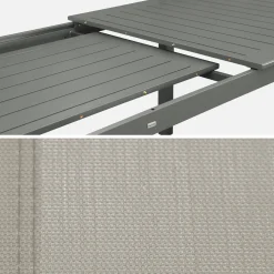 Ausziehbarer Gartentisch, 8 Stühle, 2 Sessel aus Aluminium und Textilene