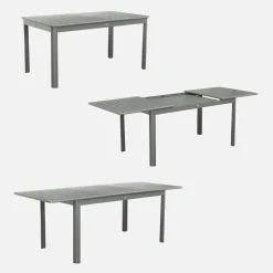 Ausziehbarer Gartentisch, 6 Stühle, 2 Sessel aus Aluminium und Textilene
