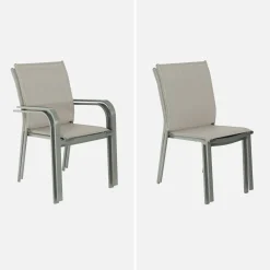 Ausziehbarer Gartentisch, 6 Stühle, 2 Sessel aus Aluminium und Textilene