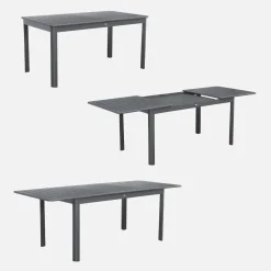 Ausziehbarer Gartentisch, 6 Stühle, 2 Sessel aus Aluminium und Textilene