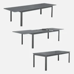 Ausziehbarer Gartentisch, 8 Stühle, 2 Sessel aus Aluminium und Textilene