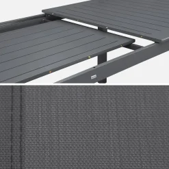 Ausziehbarer Gartentisch, 8 Stühle, 2 Sessel aus Aluminium und Textilene