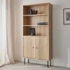 Bücherregal mit gerilltem Holzdekor und schwarzem Metall, 2 Türen