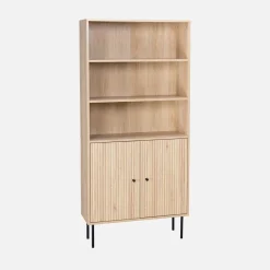Bücherregal mit gerilltem Holzdekor und schwarzem Metall, 2 Türen