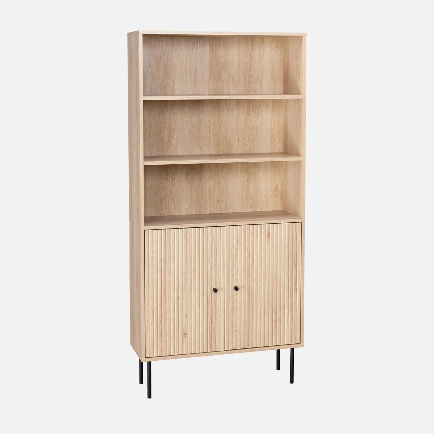Bücherregal mit gerilltem Holzdekor und schwarzem Metall, 2 Türen