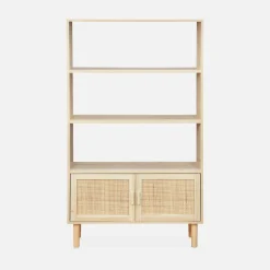 Bücherregal mit Holzdekor und Rattan-Geflecht