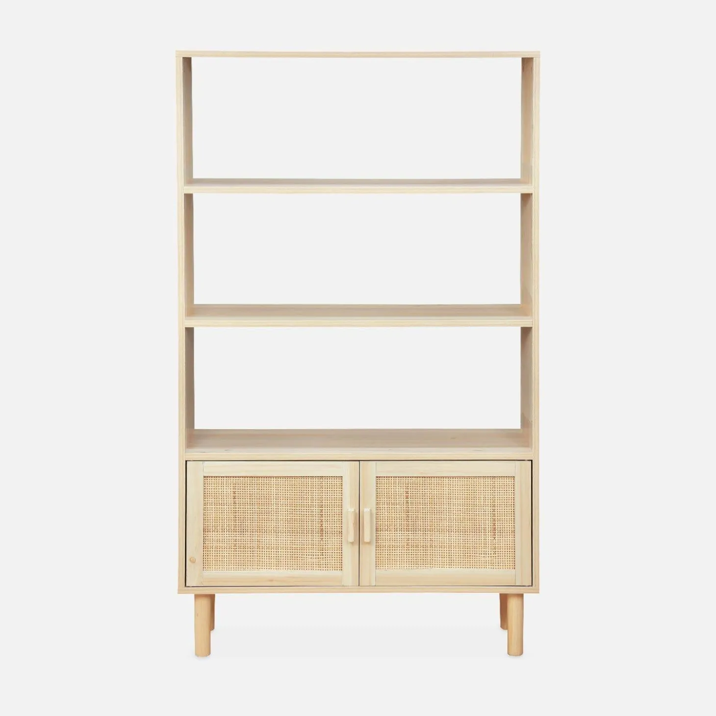 Bücherregal mit Holzdekor und Rattan-Geflecht
