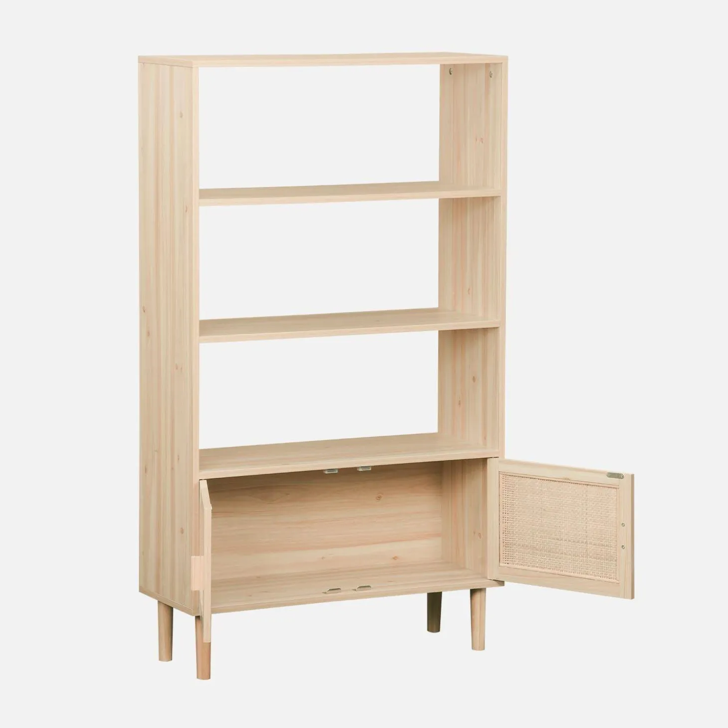 Bücherregal mit Holzdekor und Rattan-Geflecht