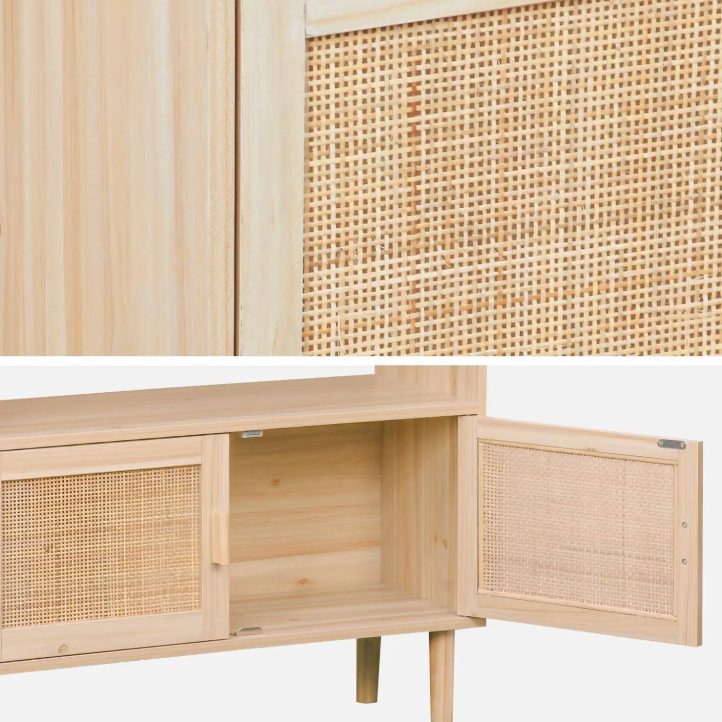 Bücherregal mit Holzdekor und Rattan-Geflecht