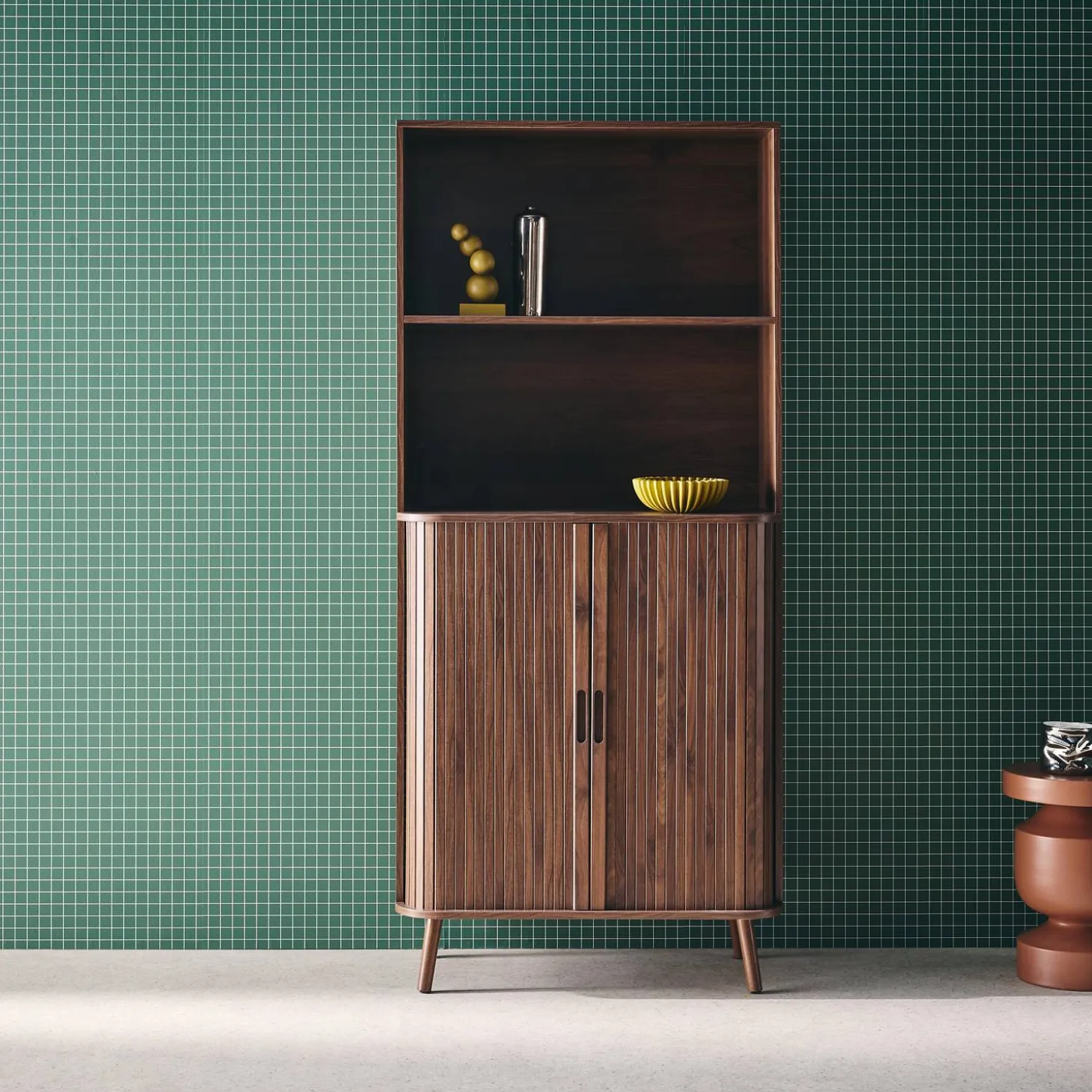 Bücherregal, 2 Schiebetüren, 4 Ebenen, gerillter Holzeffekt