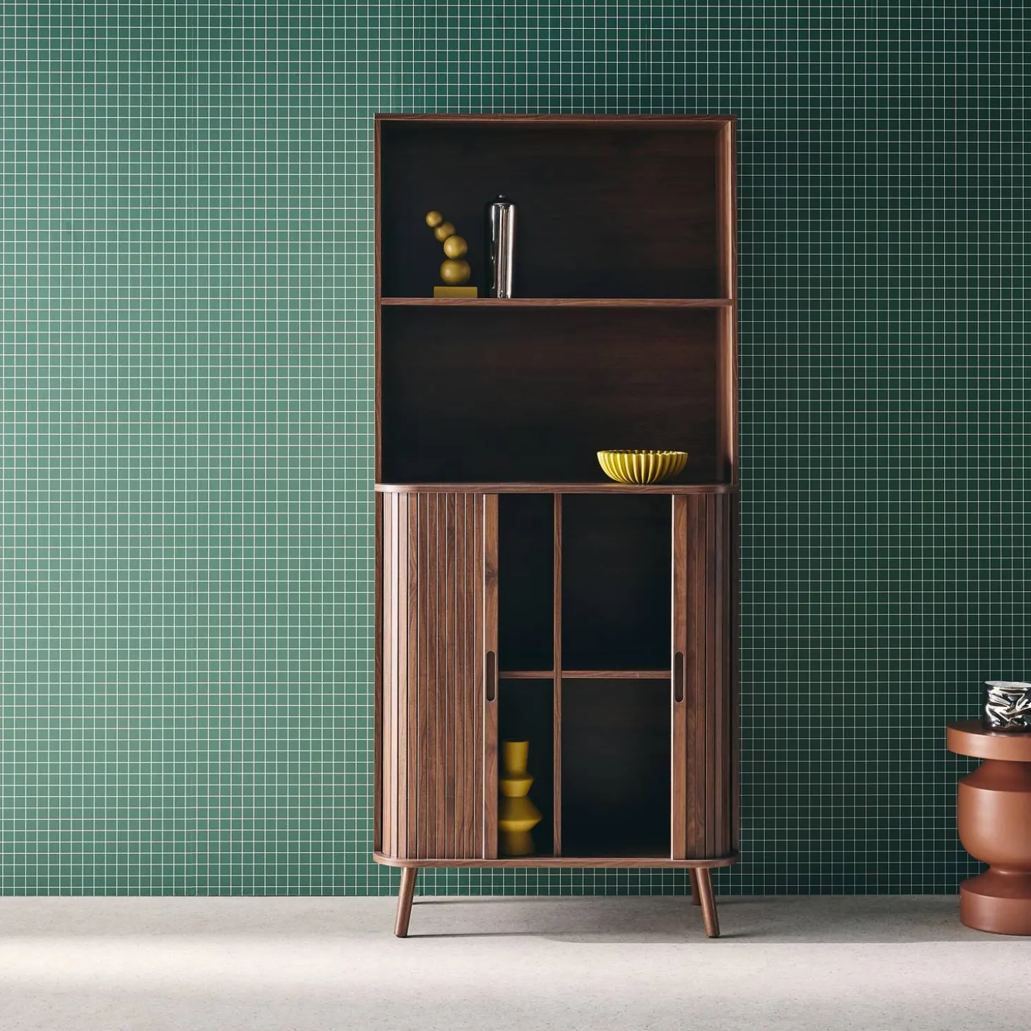 Bücherregal, 2 Schiebetüren, 4 Ebenen, gerillter Holzeffekt