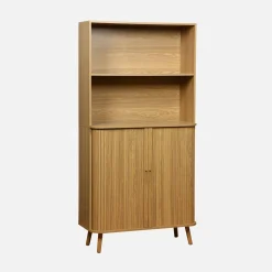 Bücherregal, 2 Schiebetüren, 4 Ebenen, gerillter Holzeffekt
