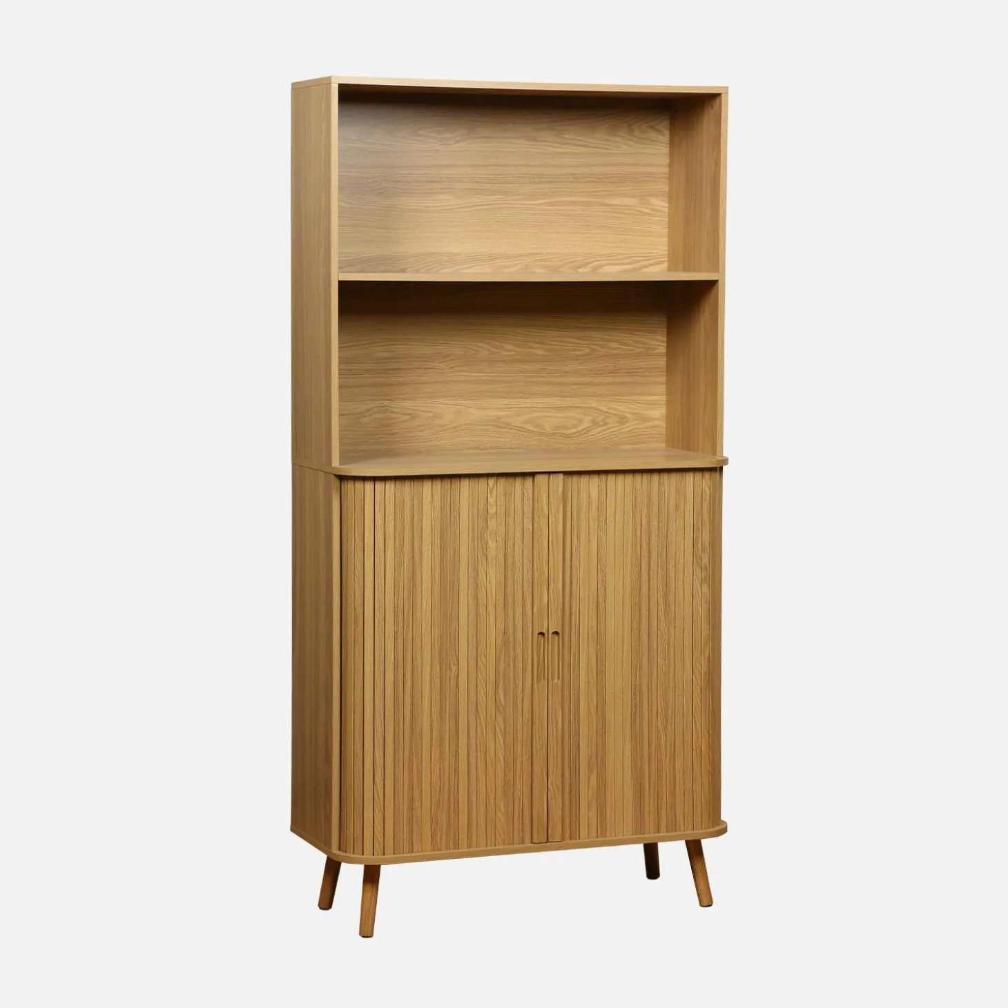 Bücherregal, 2 Schiebetüren, 4 Ebenen, gerillter Holzeffekt