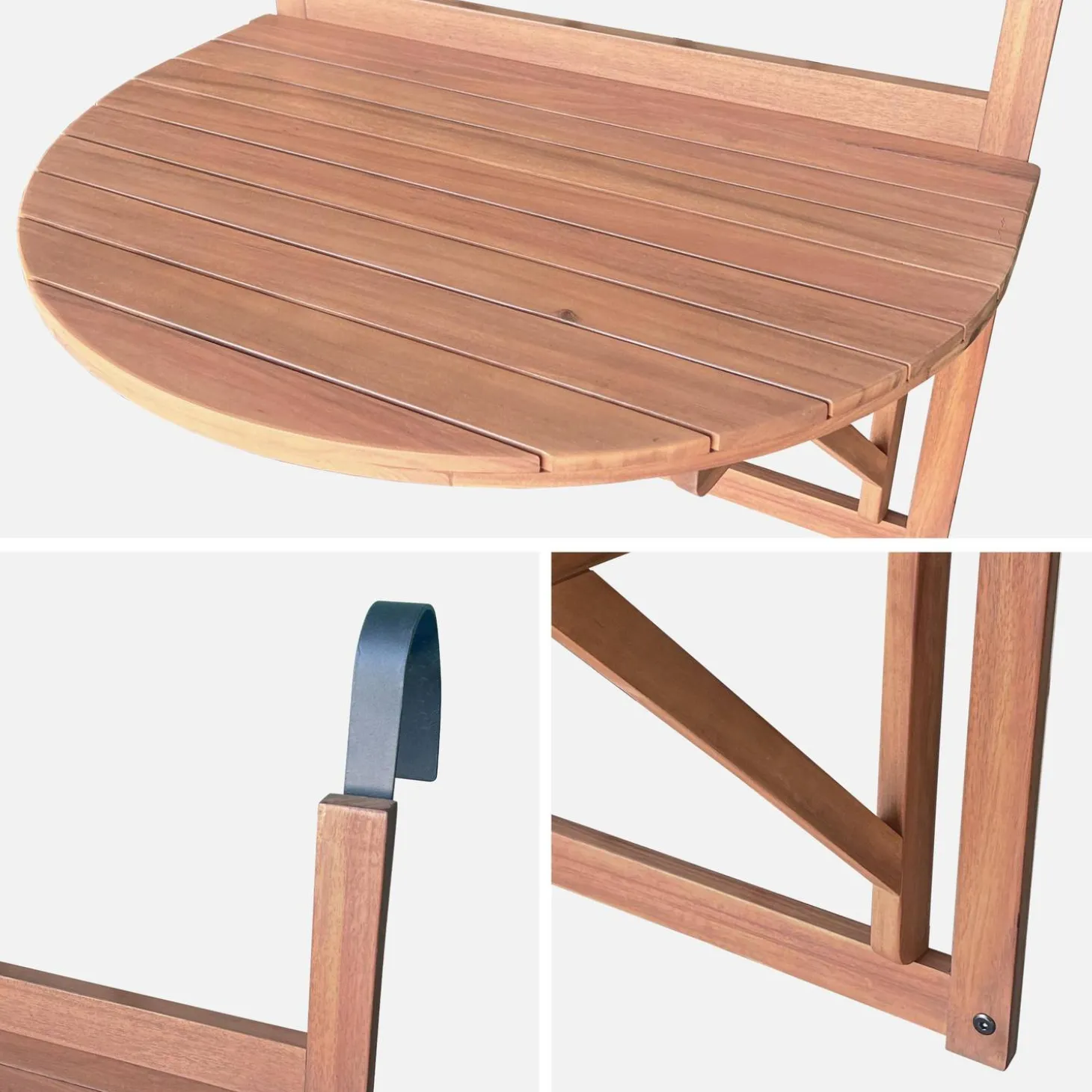 Beistelltisch aus Holz für den Balkon, halbrund, klappbar