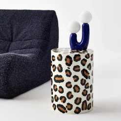 Beistelltisch, Sofaende, Nachttisch aus emailliertem Stahl, Leopardenmuster Ø 33 x H 46 cm