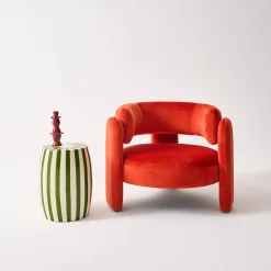 Beistelltisch, Sofaende, Nachttisch aus emailliertem Stahl, zweifarbige Streifen Ø 35 x H 46 cm