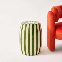 Beistelltisch, Sofaende, Nachttisch aus emailliertem Stahl, zweifarbige Streifen Ø 35 x H 46 cm