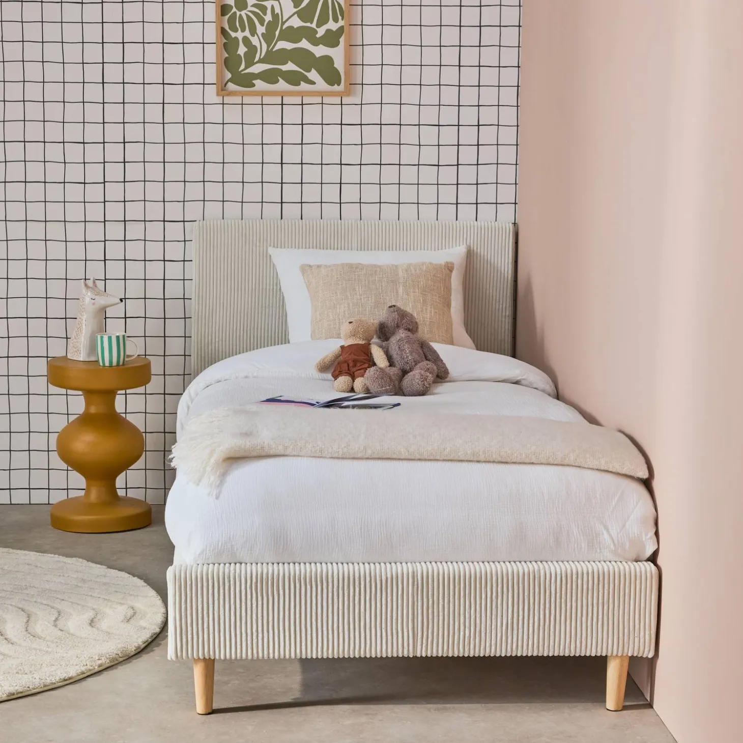 Bett mit Lattenrost und Kopfteil, 90x190cm breit gerippter Cord