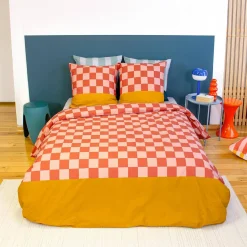 Bettwäsche-Set aus Baumwolle mit Schachbrettmuster für zwei Personen rot und orange