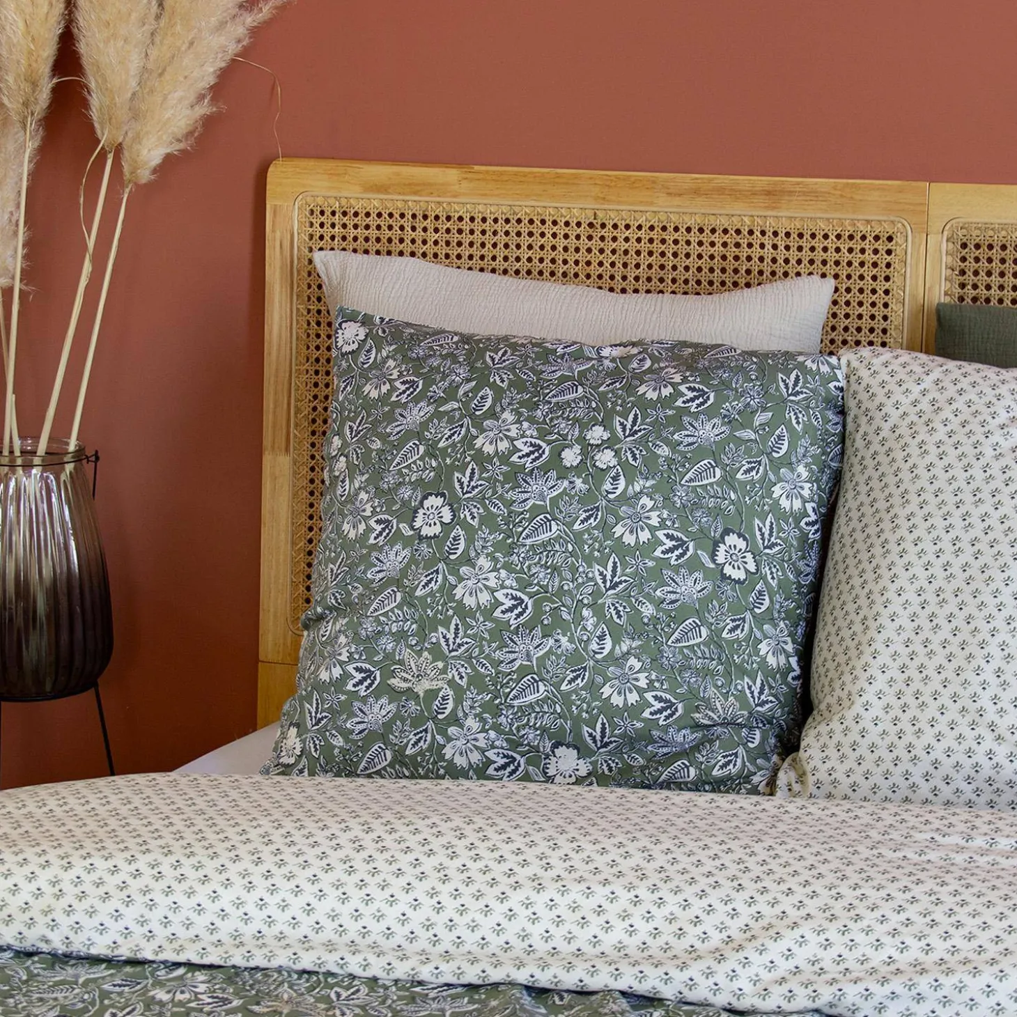Bettwäsche-Set aus Baumwolle und Lyocell für Doppelbett mit grünem Blumenmuster