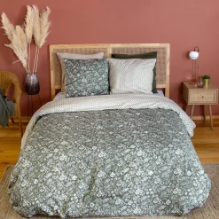 Bettwäsche-Set aus Baumwolle und Lyocell für Doppelbett mit grünem Blumenmuster