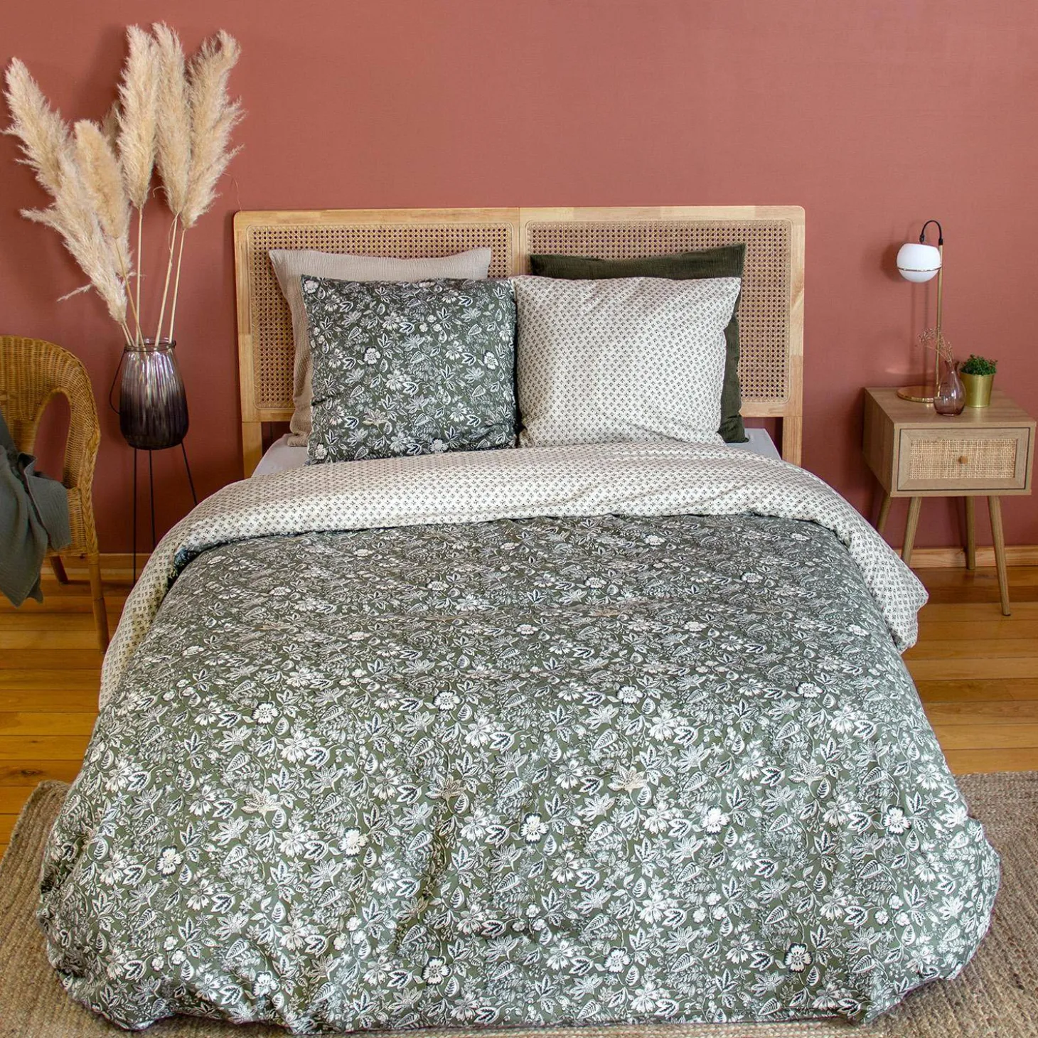 Bettwäsche-Set aus Baumwolle und Lyocell für Doppelbett mit grünem Blumenmuster