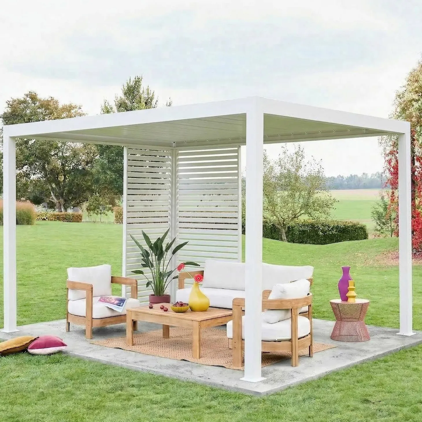 Bioklimatische Pergola Aluminium 3x4m + 1 Lamellenwand 100 cm + 1 Lamellenwand 130 cm Triomphe