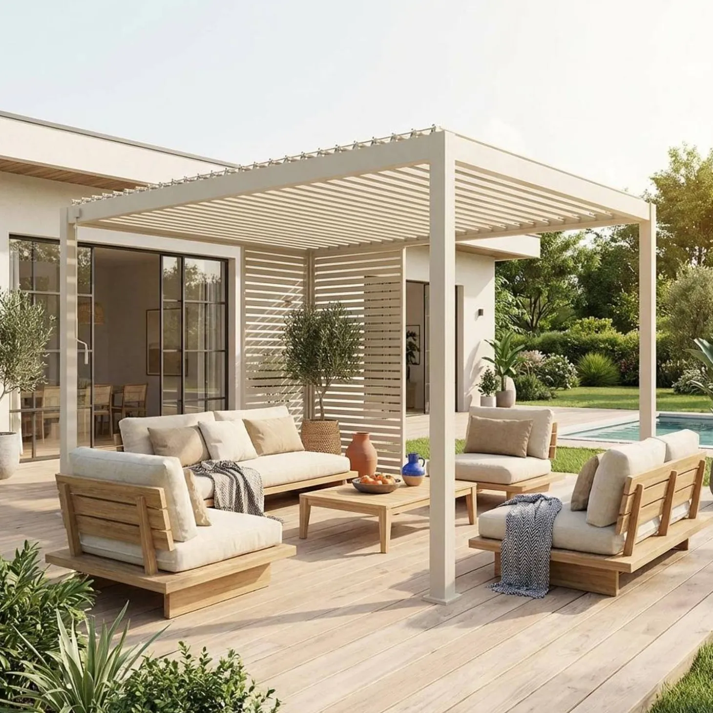 Bioklimatische Pergola Aluminium 3x4m + 1 Lamellenwand 100 cm + 1 Lamellenwand 130 cm Triomphe