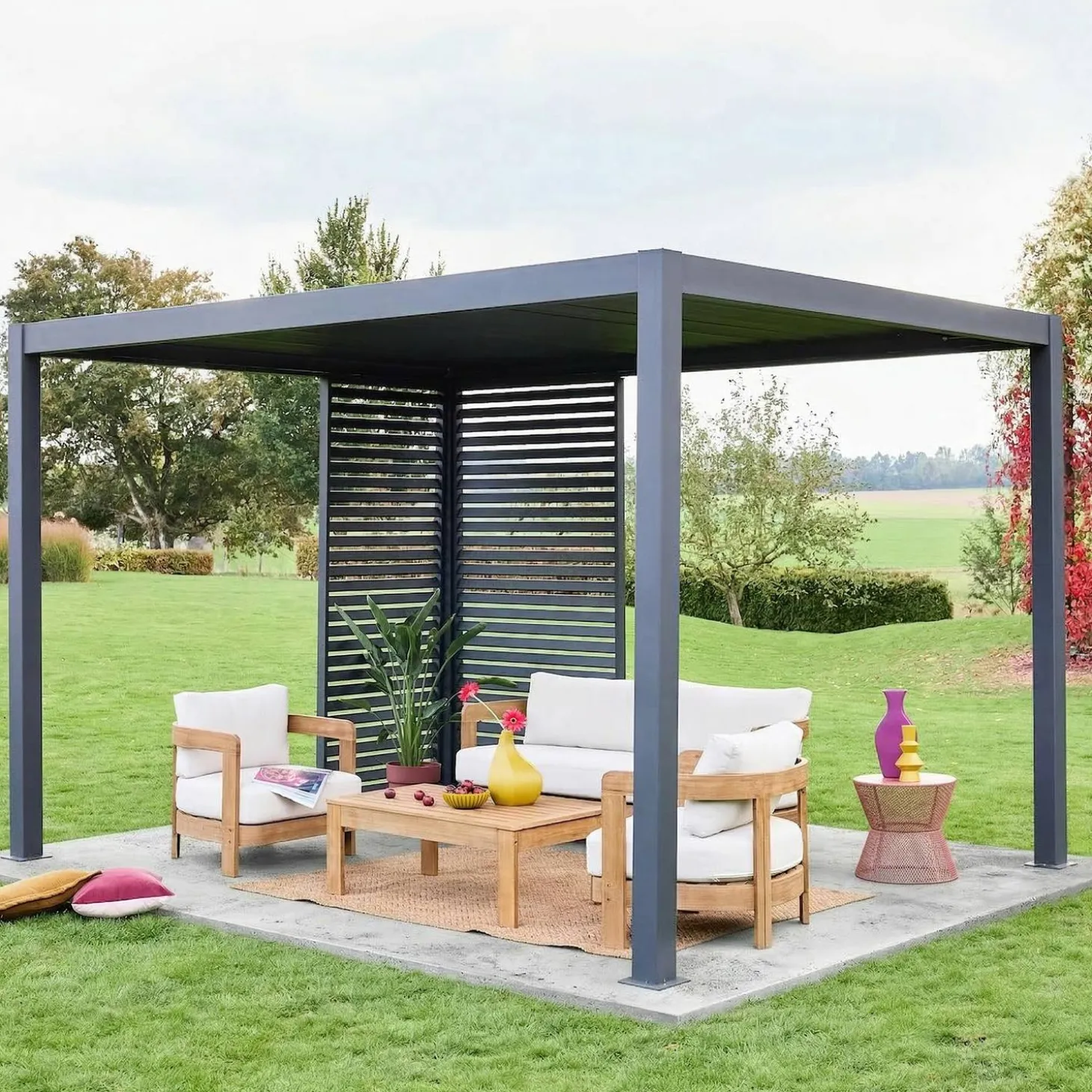Bioklimatische Pergola Aluminium 3x4m + 1 Lamellenwand 100 cm + 1 Lamellenwand 130 cm Triomphe