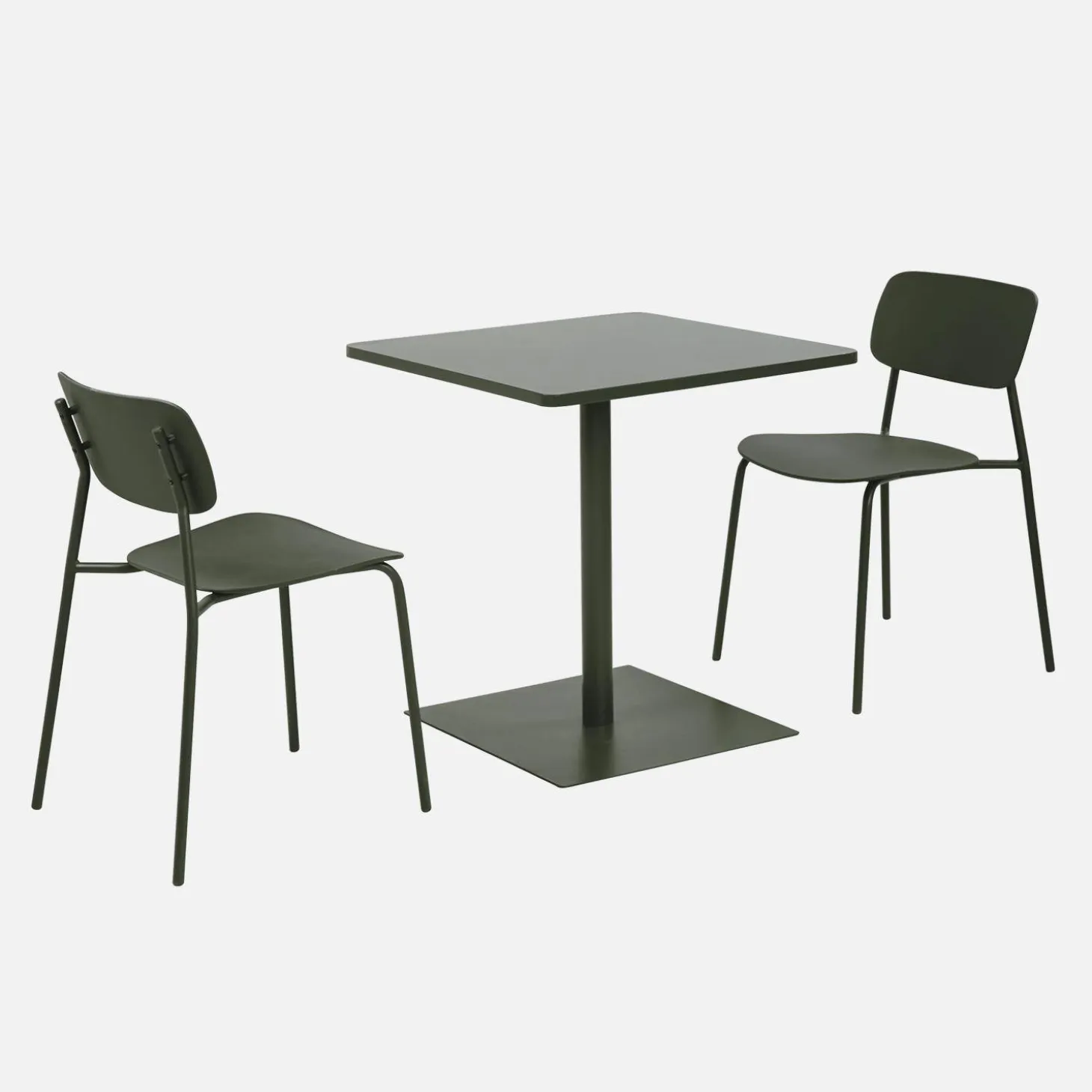 Bistro-Gartentisch quadratisch aus Stahl + 2 Stühle