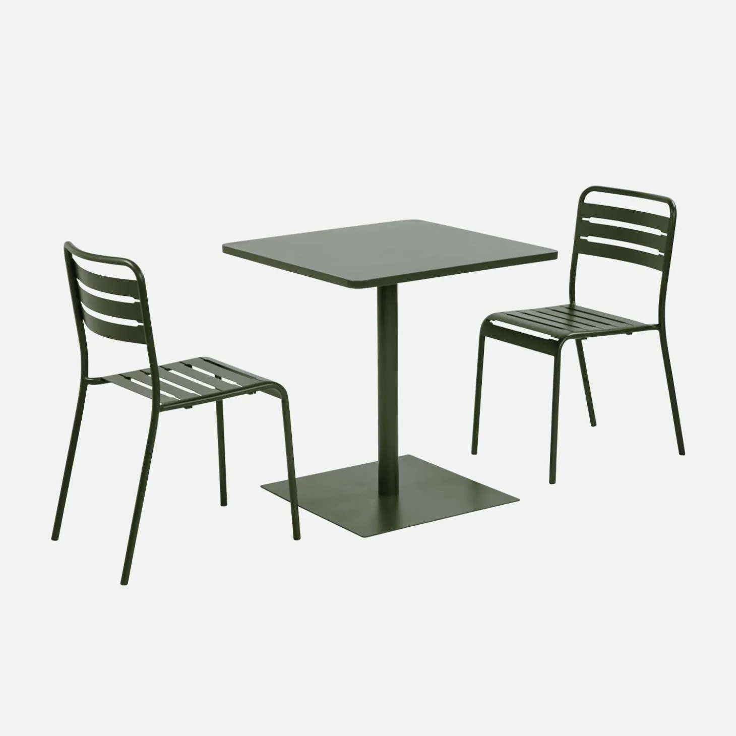 Bistro-Gartentisch quadratisch aus Stahl + 2 Stühle