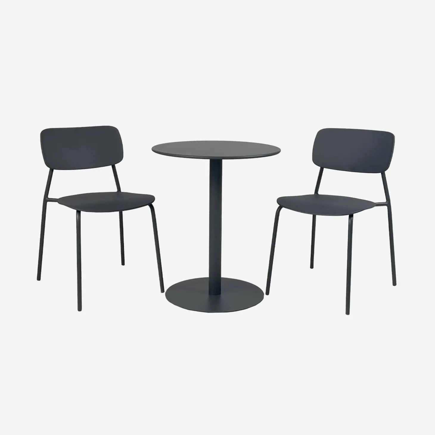 Bistro-Gartentisch rund aus Stahl + 2 Stühle