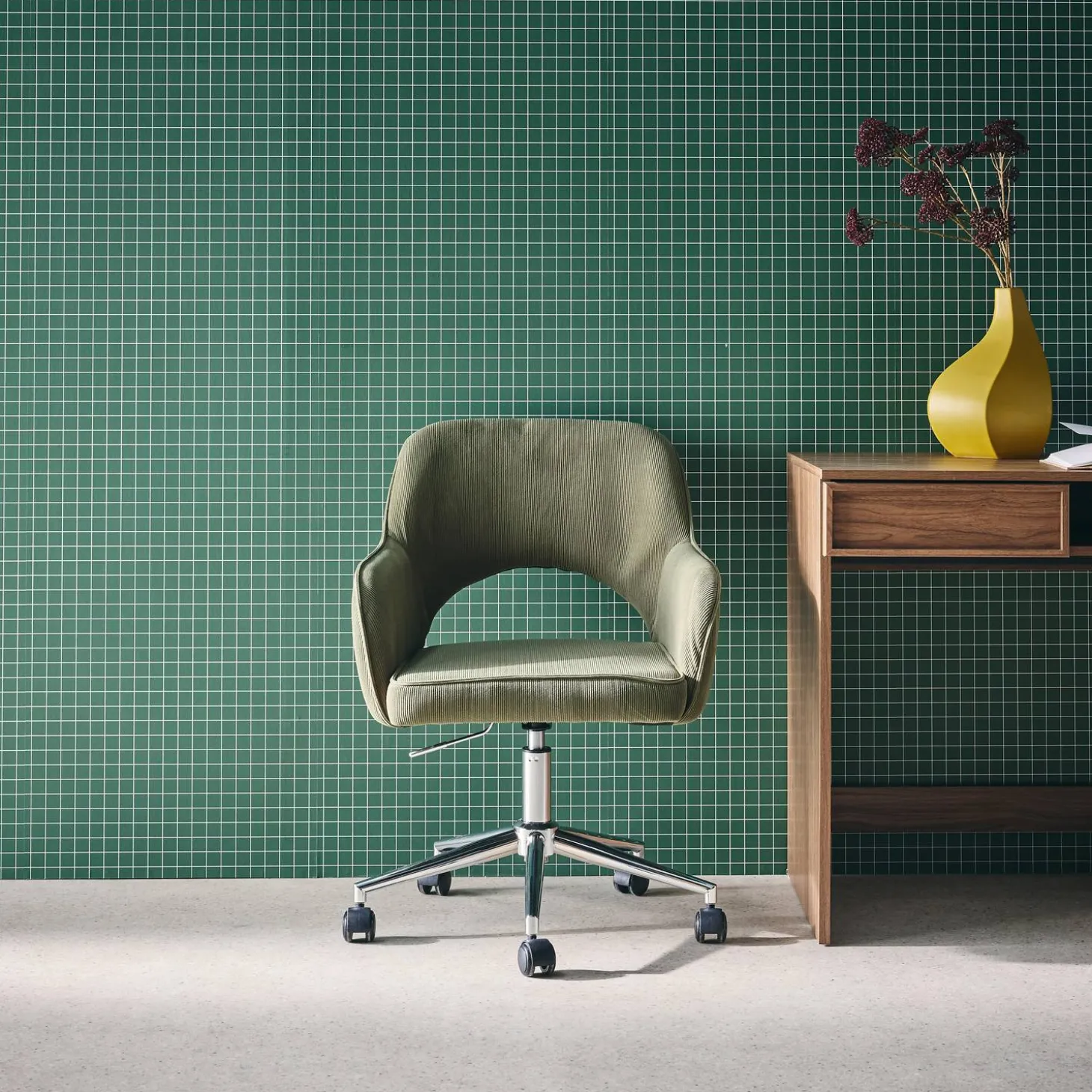 Bürostuhl mit Rollen, Cord, verchromtes Gestell