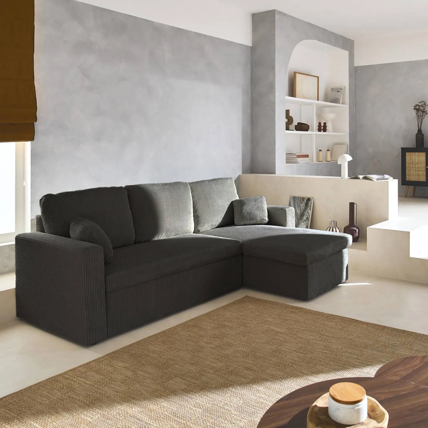 Ecksofa mit Schlaffunktion, Cord-Bezug, breit gerippt, 3-Sitzer