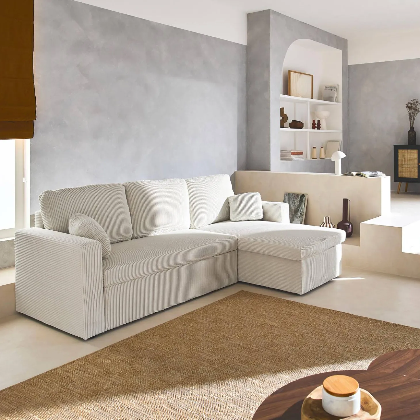 Ecksofa mit Schlaffunktion, Cord-Bezug, breit gerippt, 3-Sitzer