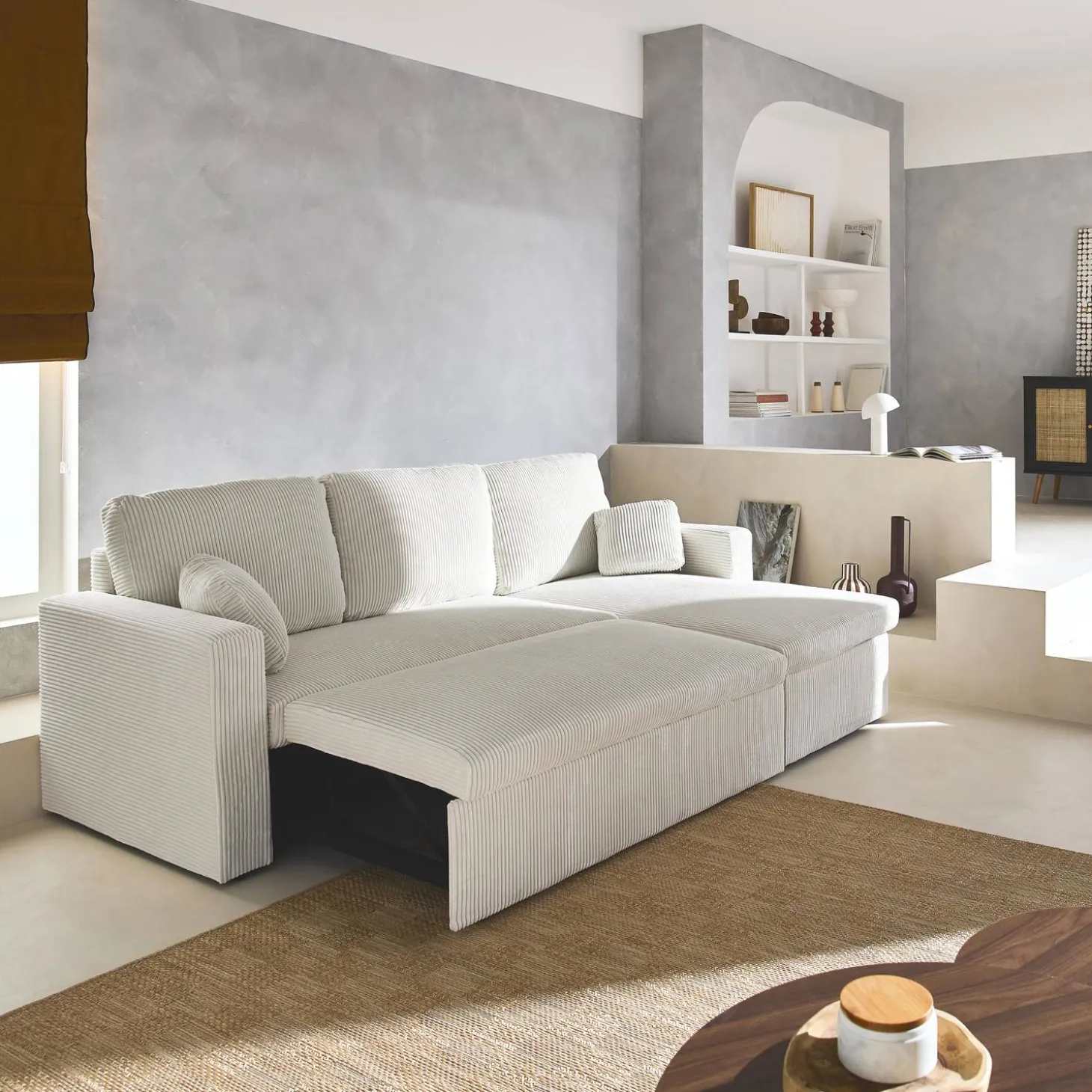 Ecksofa mit Schlaffunktion, Cord-Bezug, breit gerippt, 3-Sitzer